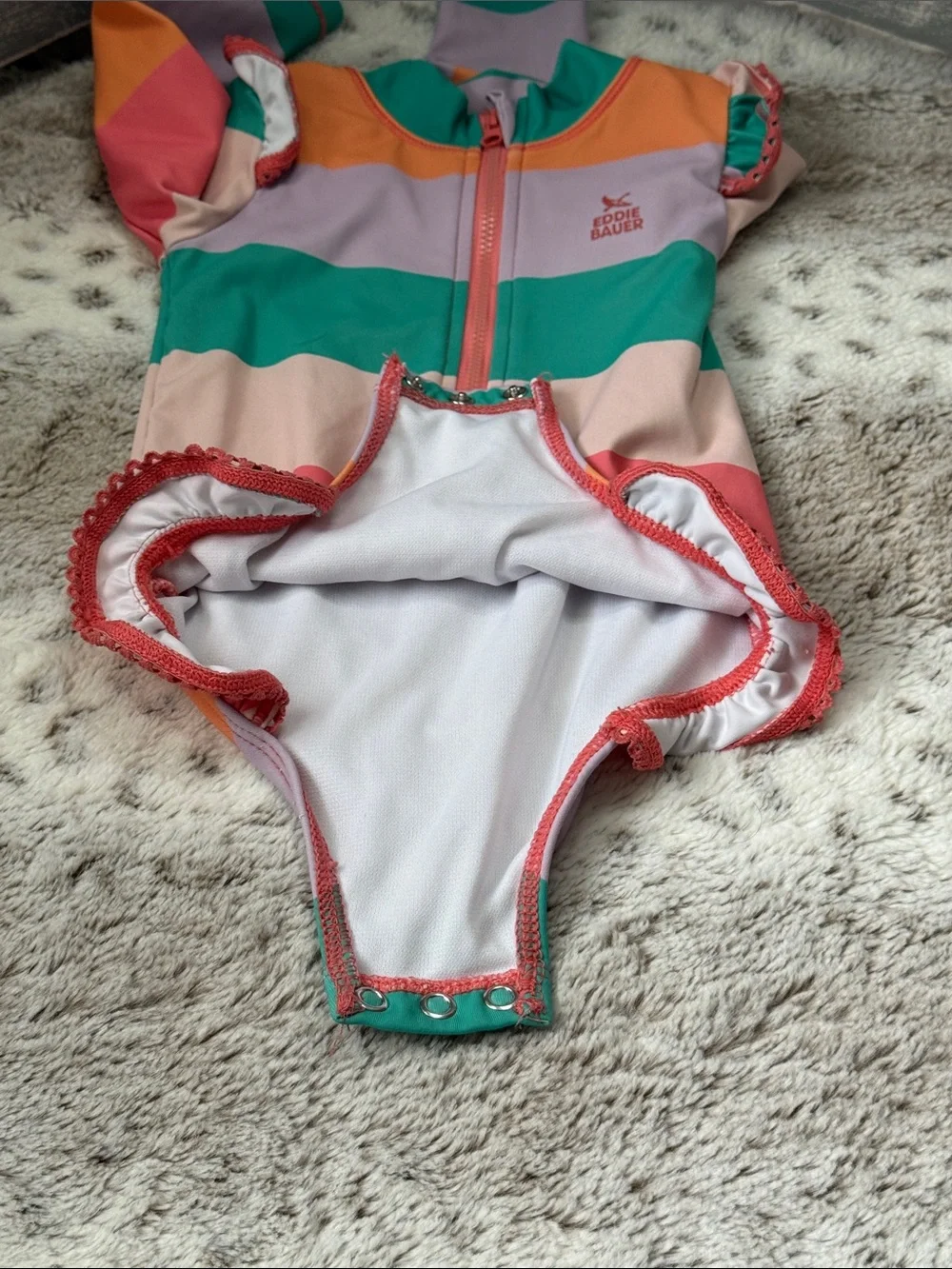 Eddie Bauer long sleeve swimsuit baby girls 18 months stripes ruffles beach